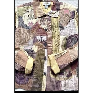 Vintage Patchwork Silk Jacket Abstract Face Art Boho Shirt Jacket XL